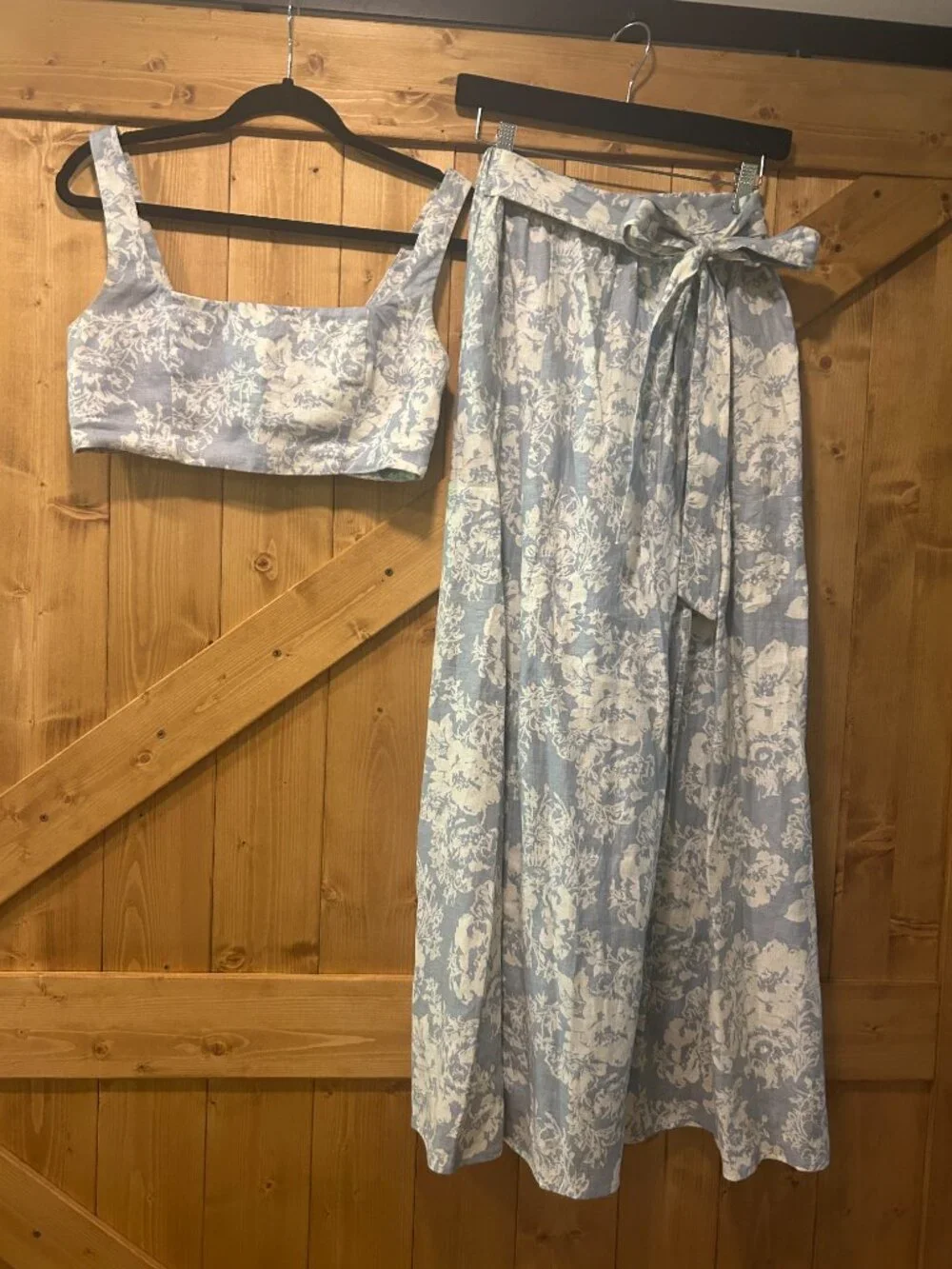 Reformation Pale Blue & Cream Floral Tie-Waist Linen Set (Palm Linen Two Piece)